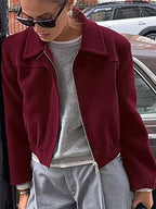 Burgundy Wine Red Minimal Collar Full Zip Elastic Cuff Waist Short Bomber Jacket