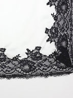 White Satin Halter Deep V Crop Top Black Lace Trim High Slit Maxi Skirt 2 Piece Set