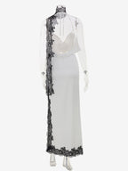 White Satin Halter Deep V Crop Top Black Lace Trim High Slit Maxi Skirt 2 Piece Set