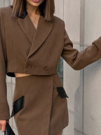 Women Contrast Leather Collar Cropped Blazer Wrap Mini Skirt 2 Piece Suit Set