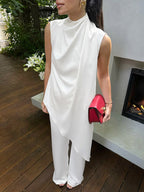 White Satin Draped Mock Neck Sleeveless Top Wide Leg Pants 2 Piece Matching Set