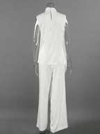 White Satin Draped Mock Neck Sleeveless Top Wide Leg Pants 2 Piece Matching Set