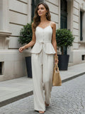 Women Spaghetti Strap V Neck Peplum Tank High Waist Pleated Wide Leg Pant 2 Piece Set