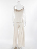 Women Spaghetti Strap V Neck Peplum Tank High Waist Pleated Wide Leg Pant 2 Piece Set
