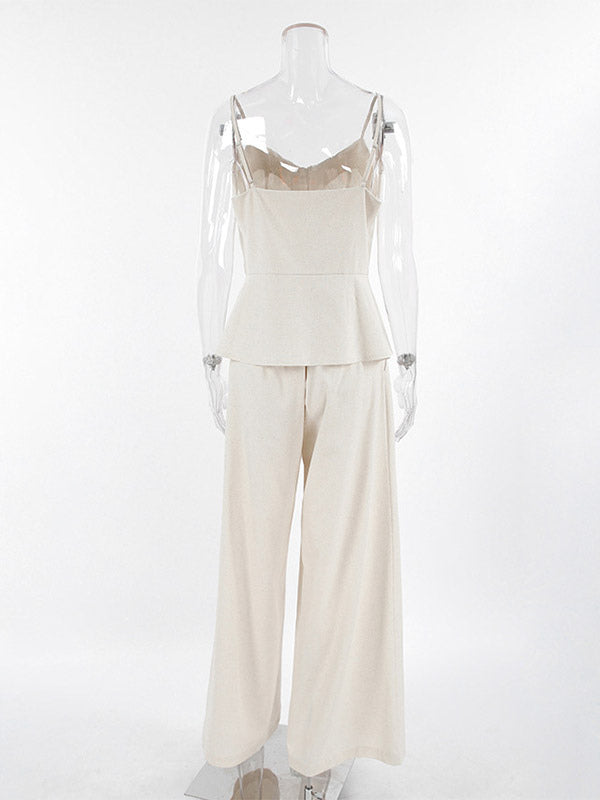 Women Spaghetti Strap V Neck Peplum Tank High Waist Pleated Wide Leg Pant 2 Piece Set