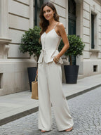 Women Spaghetti Strap V Neck Peplum Tank High Waist Pleated Wide Leg Pant 2 Piece Set