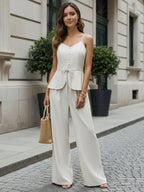 Women Spaghetti Strap V Neck Peplum Tank High Waist Pleated Wide Leg Pant 2 Piece Set