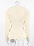 Women Sleeveless Collarless V Neck Peplum Blazer Single Row Pearl Button Fitted Jacket