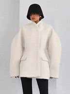 Women Stand Collar Batwing Oversleeve Cinched Waist Wool Blend Peplum Coat