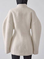 Women Stand Collar Batwing Oversleeve Cinched Waist Wool Blend Peplum Coat