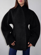 Women Stand Collar Batwing Oversleeve Cinched Waist Wool Blend Peplum Coat
