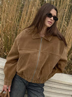 Women Vintage Suede Collar Zip Bomber Jacket Elastic Cuff Hem Cropped Coat