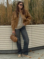 Women Vintage Suede Collar Zip Bomber Jacket Elastic Cuff Hem Cropped Coat