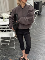 Women Faux Suede Stand Collar Zip Up Oversized Cropped Bomber Jacket