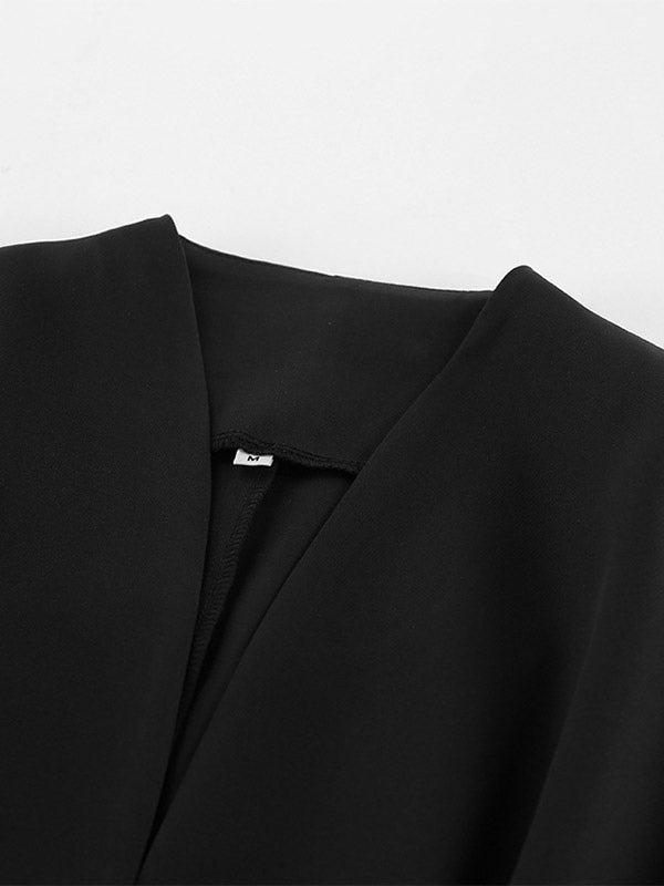 Women Collarless V Neck Cinched Waist Pleated Single Breasted Blazer Jacket