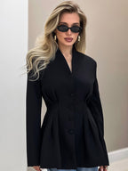 Women Collarless V Neck Cinched Waist Pleated Single Breasted Blazer Jacket