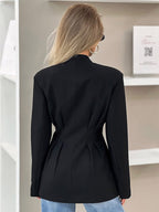 Women Collarless V Neck Cinched Waist Pleated Single Breasted Blazer Jacket