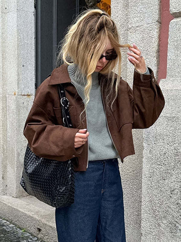 Women Lapel Zip Up Patch Pocket Oversized Cropped Faux Suede Jacket