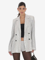 Women Notched Lapel Double Breasted Sequin Oversized Blazer Jacket