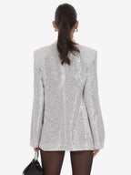 Women Notched Lapel Double Breasted Sequin Oversized Blazer Jacket