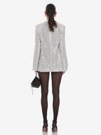 Women Notched Lapel Double Breasted Sequin Oversized Blazer Jacket