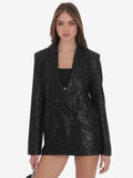 Women Notched Lapel Double Breasted Sequin Oversized Blazer Jacket