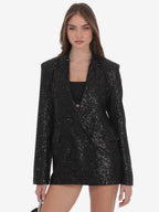 Women Notched Lapel Double Breasted Sequin Oversized Blazer Jacket