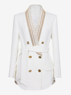 Women Gold Beaded Shawl Lapel Double Breasted Long Sleeve Blazer Jacket