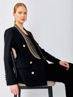 Women Gold Beaded Shawl Lapel Double Breasted Long Sleeve Blazer Jacket