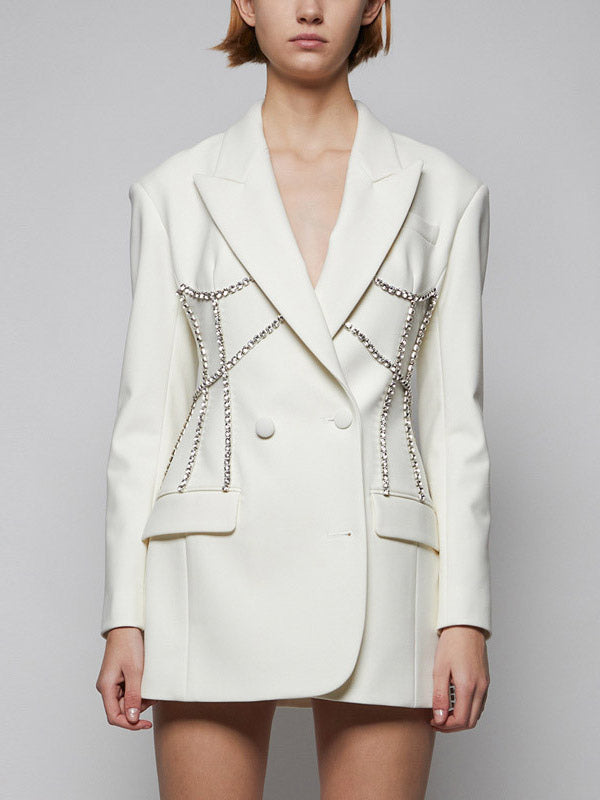 Women Notched Lapel Rhinestone Chain Cutout Mini Blazer Dress