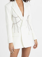 Women Notched Lapel Rhinestone Chain Cutout Mini Blazer Dress