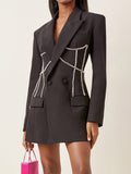 Women Notched Lapel Rhinestone Chain Cutout Mini Blazer Dress