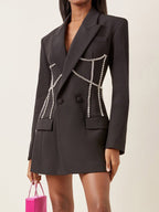 Women Notched Lapel Rhinestone Chain Cutout Mini Blazer Dress