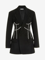 Women Notched Lapel Rhinestone Chain Cutout Mini Blazer Dress