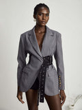 Women Notched Lapel Belted Rivet Strap Cinched Waist Blazer Mini Dress