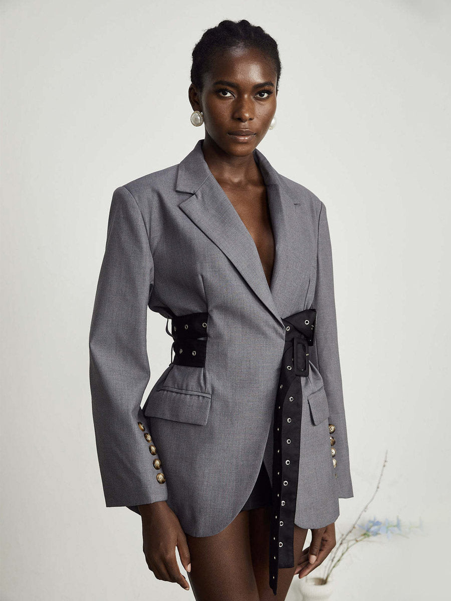 Women Notched Lapel Belted Rivet Strap Cinched Waist Blazer Mini Dress