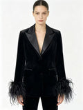 Women Satin Lapel Velvet Blazer With Feather Cuff Trim