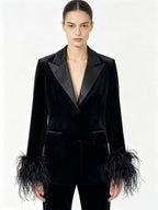 Women Satin Lapel Velvet Blazer With Feather Cuff Trim