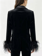 Women Satin Lapel Velvet Blazer With Feather Cuff Trim