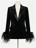 Women Satin Lapel Velvet Blazer With Feather Cuff Trim