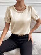 Champagne Glossy Silk Satin Pearl Trim Crew Neck Short Sleeve Bodysuit