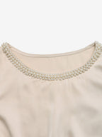 Champagne Glossy Silk Satin Pearl Trim Crew Neck Short Sleeve Bodysuit