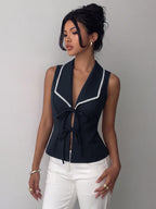 Shirt For Women Deep Blue Color Block Lace Up Turndown Collar Sexy Sleeveless Tops