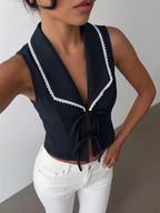 Shirt For Women Deep Blue Color Block Lace Up Turndown Collar Sexy Sleeveless Tops