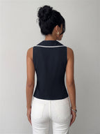 Shirt For Women Deep Blue Color Block Lace Up Turndown Collar Sexy Sleeveless Tops