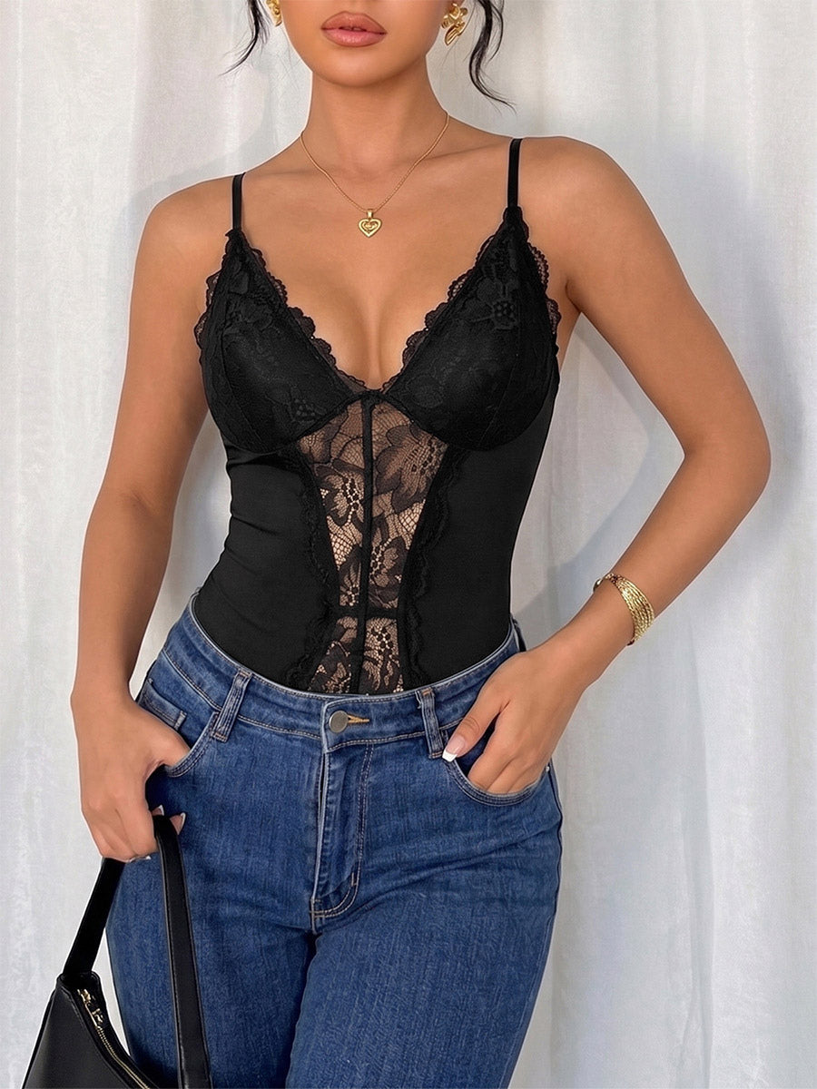 Sleeveless Bodysuit Black Cut Out Backless Straps Neck Sexy Top For Women