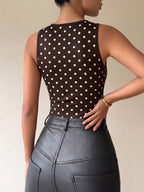 Sleeveless Bodysuit Deep Brown V-Neck Polka Dot Sexy Polyester Women Top