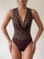 Sleeveless Bodysuit Deep Brown V-Neck Polka Dot Sexy Polyester Women Top