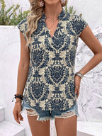 Blouse For Women Deep Blue Printed Stand Collar Chic Sleeveless Tops