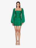 Daily Dresses Mini Green Pleated Long Sleeves Square Neck Glossy Satin Off Shoulder Ruched Slim Party Club Dress